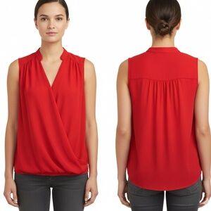 INC Top Blouson Hi Low Red Sleeveless V-Neck Crepe 4 Chic Dressy Work Party